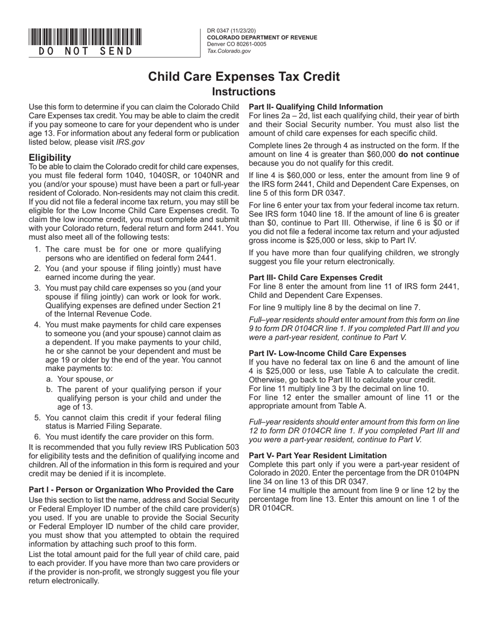 Form DR0347 Child Care Expenses Tax Credit - Colorado, Page 1