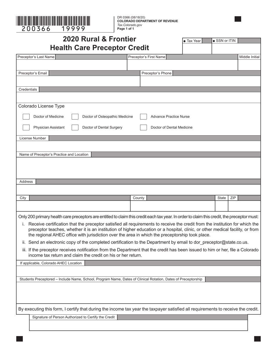 Form DR0366 Rural  Frontier Health Care Preceptor Credit - Colorado, Page 1
