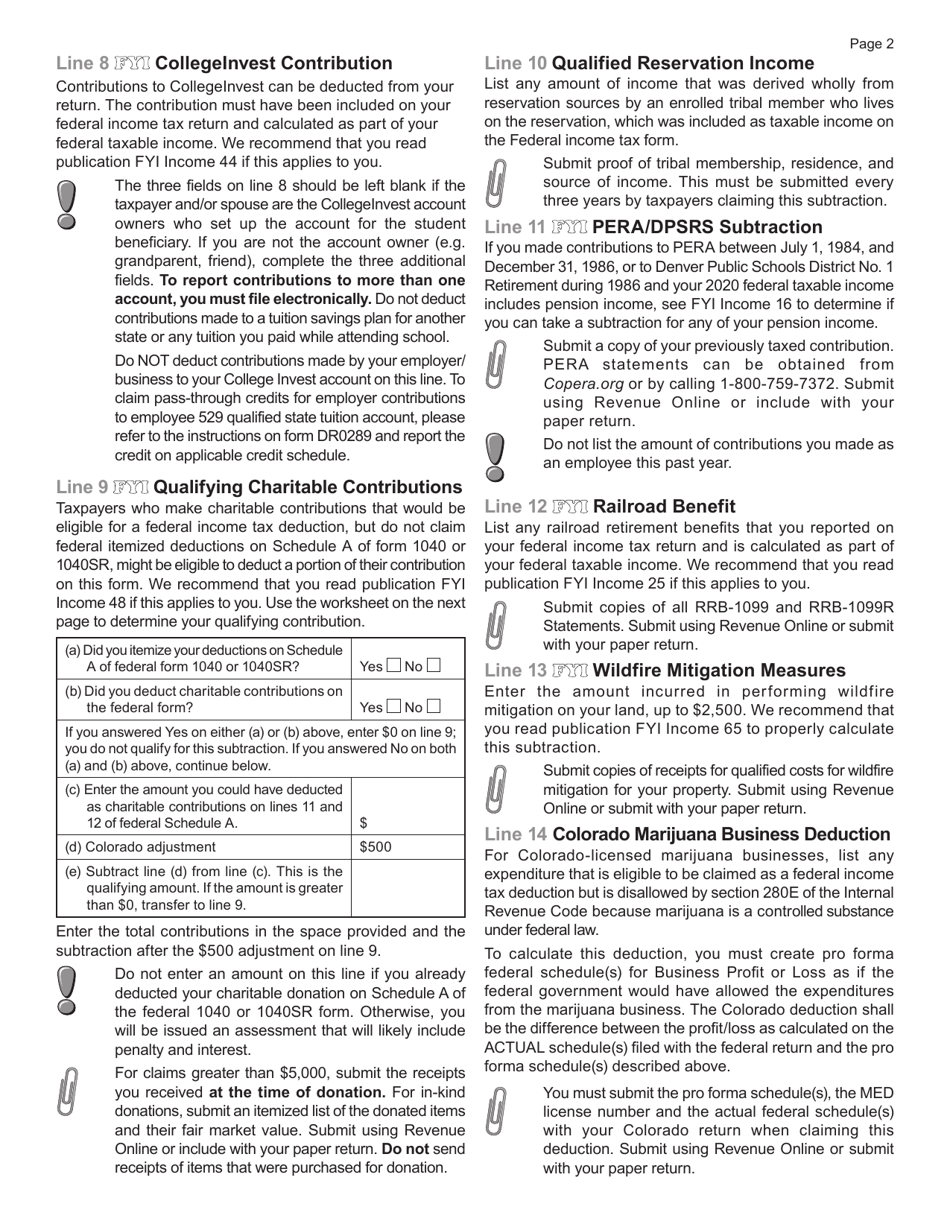 Form DR0104AD Subtractions From Income Schedule - Colorado, Page 2