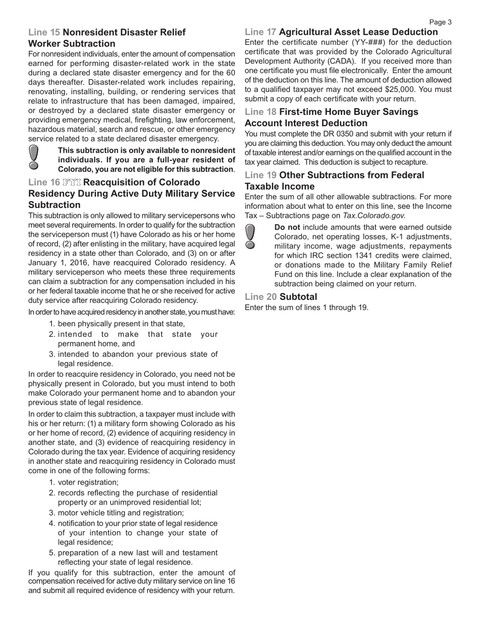 Form DR0104AD Subtractions From Income Schedule - Colorado, Page 3