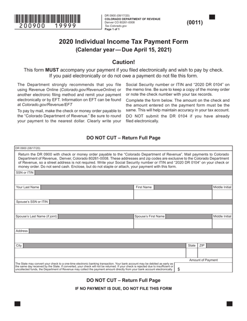 Form DR0900 Individual Income Tax Payment Form - Colorado, 2020