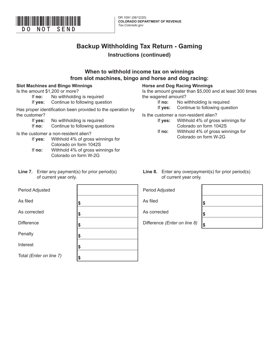 Form DR1091 Backup Withholding Tax Return - Gaming - Colorado, Page 2
