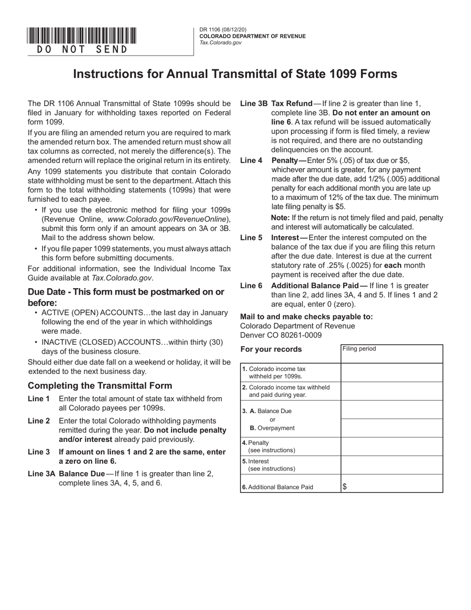 Form DR1106 Annual Transmittal of State 1099 Forms - Colorado, Page 1