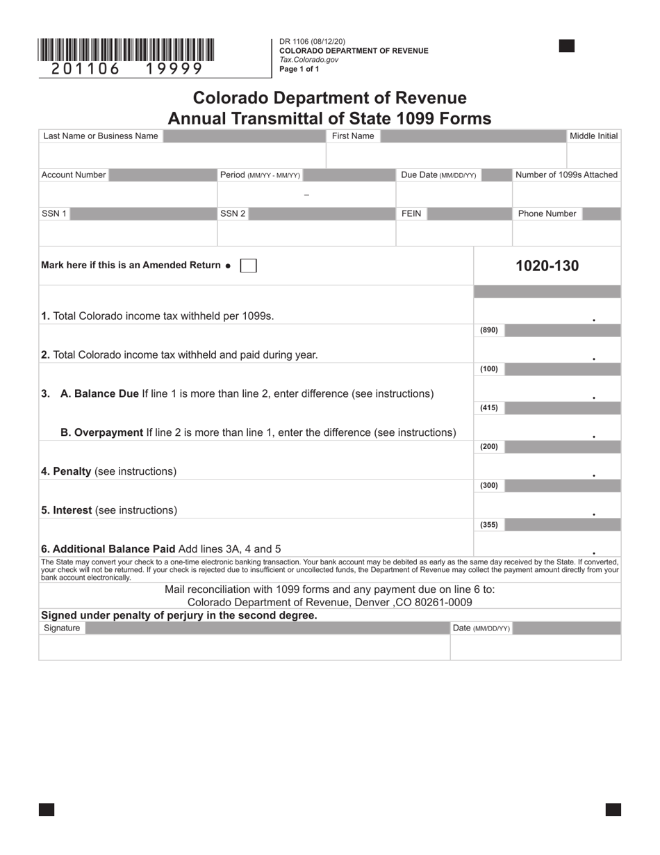 Form DR1106 Annual Transmittal of State 1099 Forms - Colorado, Page 2