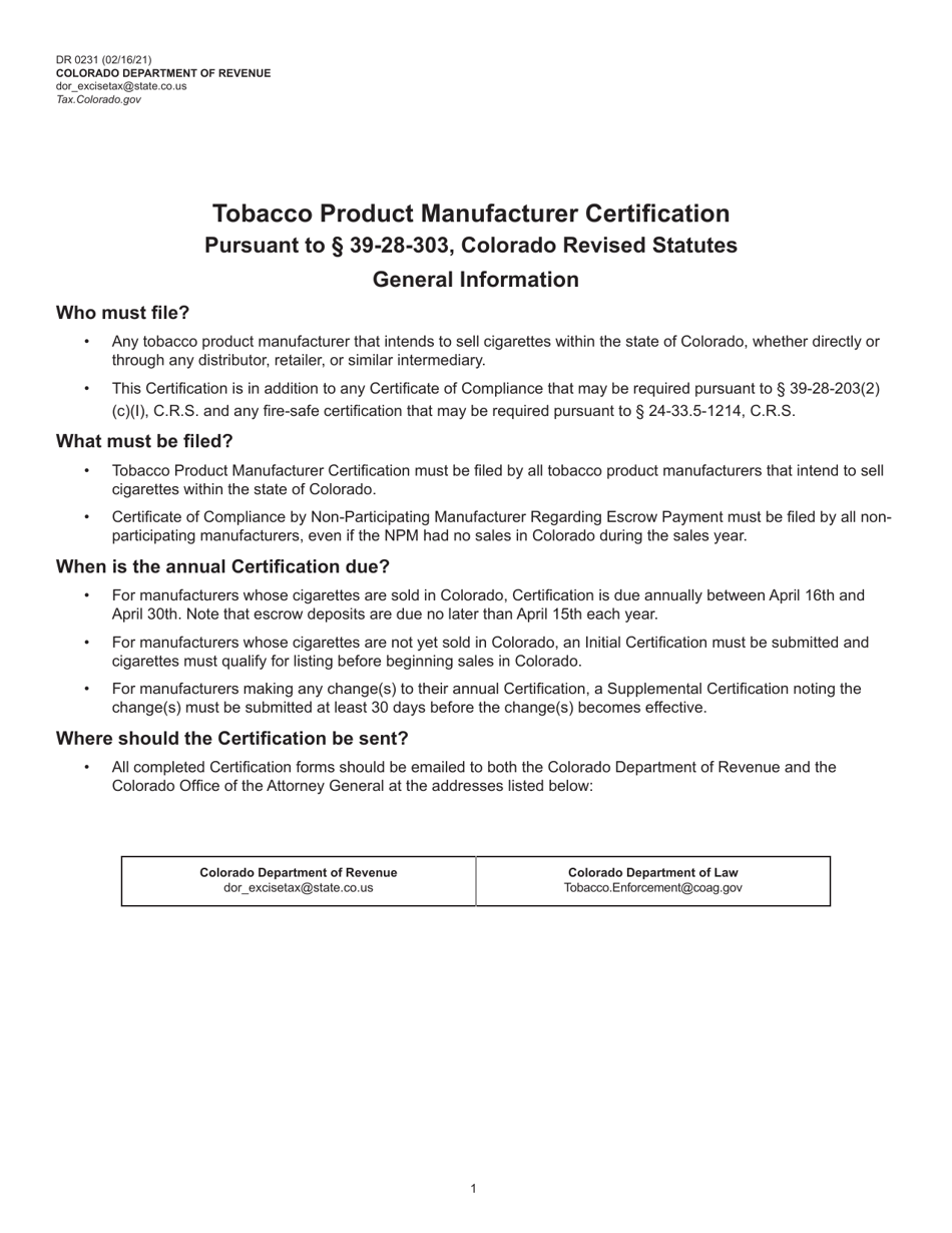 Form DR0231 Tobacco Product Manufacturer Certification - Colorado, Page 1