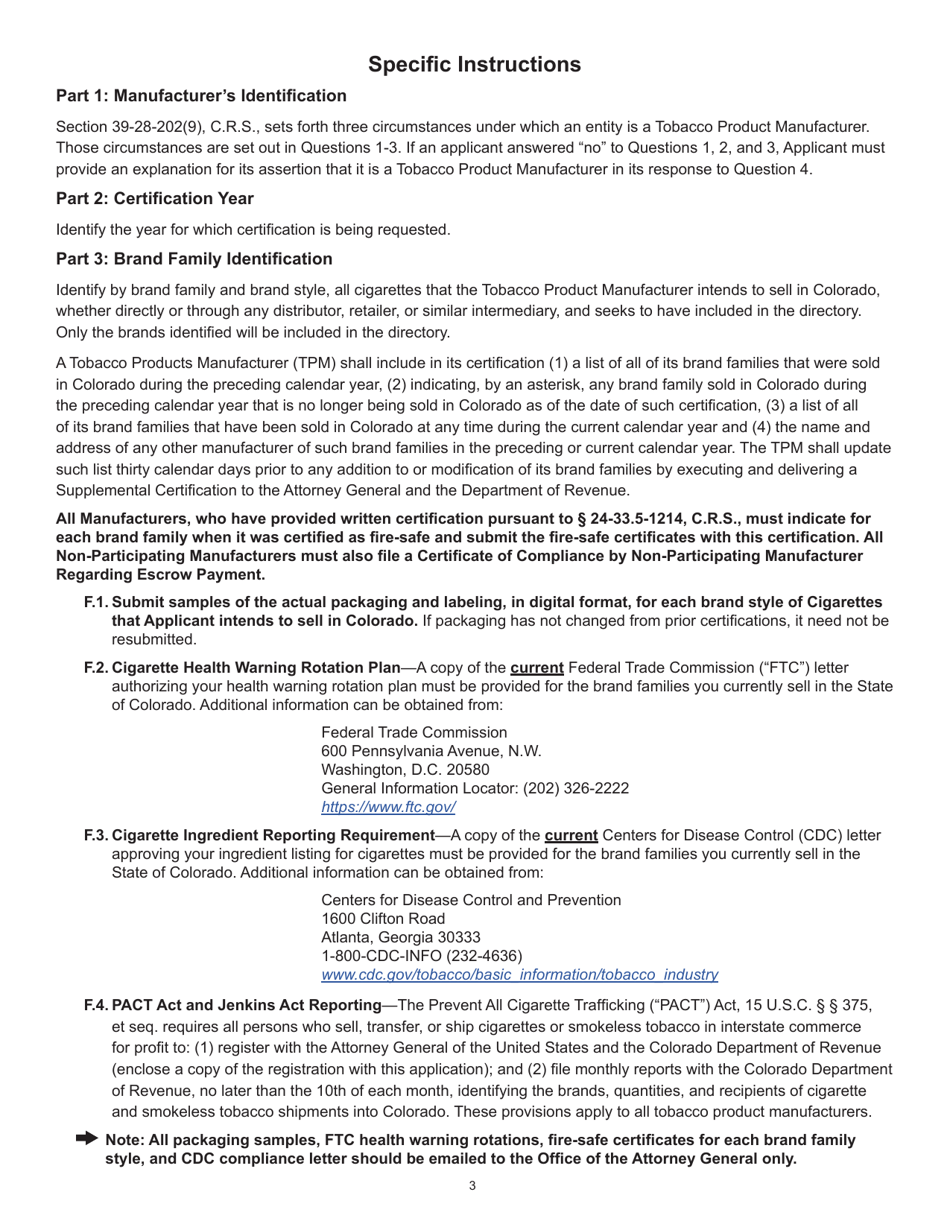 Form DR0231 Tobacco Product Manufacturer Certification - Colorado, Page 3