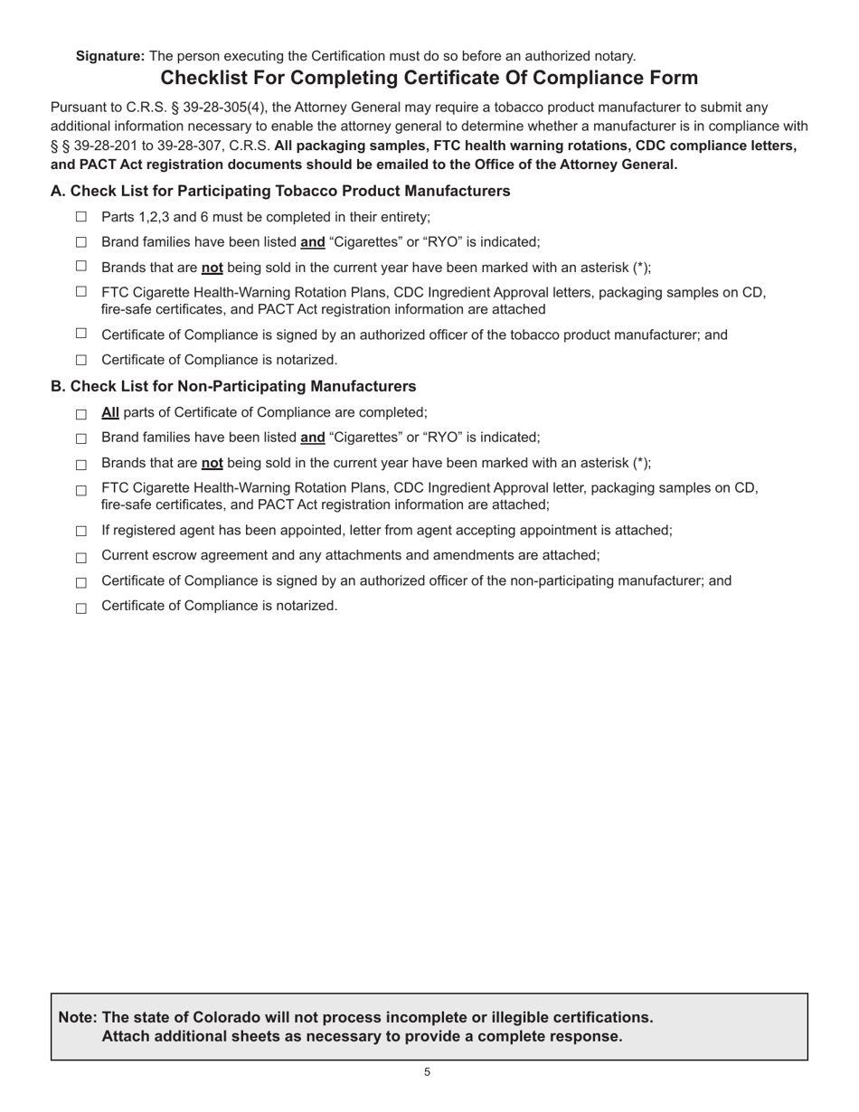Form DR0231 Tobacco Product Manufacturer Certification - Colorado, Page 5