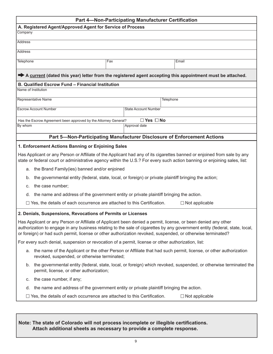Form DR0231 Tobacco Product Manufacturer Certification - Colorado, Page 9