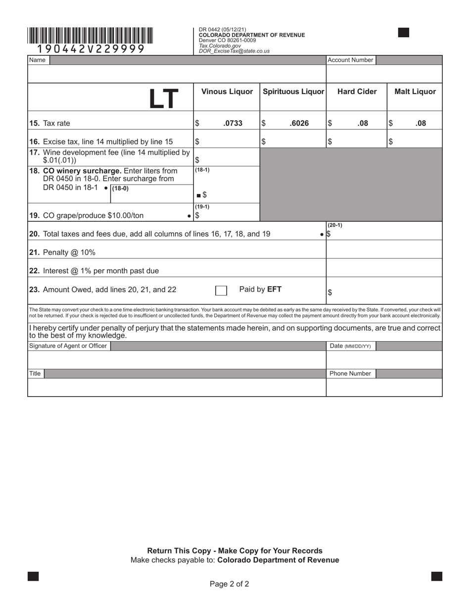 Form DR0442 Monthly Report of Excise Tax for Alcohol Beverages - Colorado, Page 4