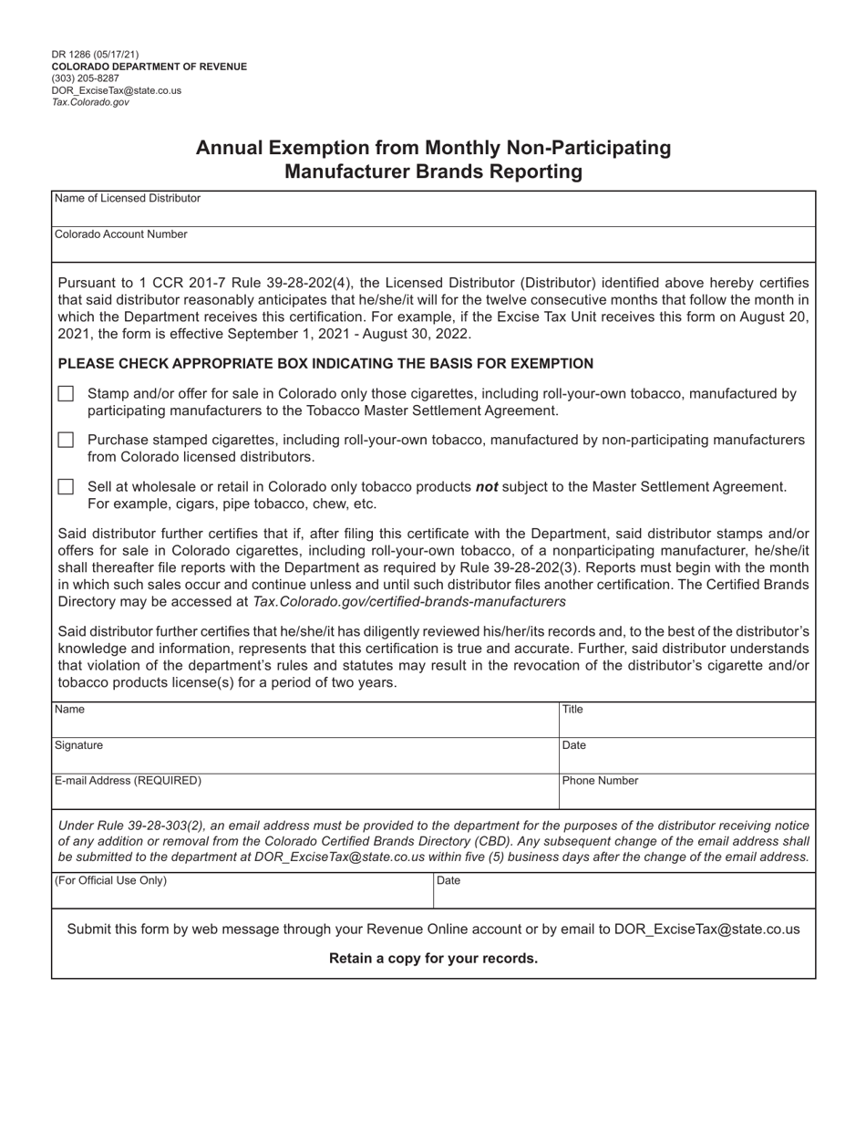 Form DR1286 Annual Exemption From Monthly Non-participating Manufacturer Brands Reporting - Colorado, Page 1