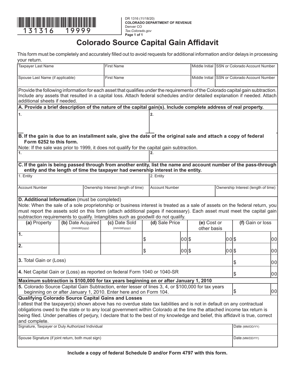 Form DR1316 Colorado Source Capital Gain Affidavit - Colorado, Page 1