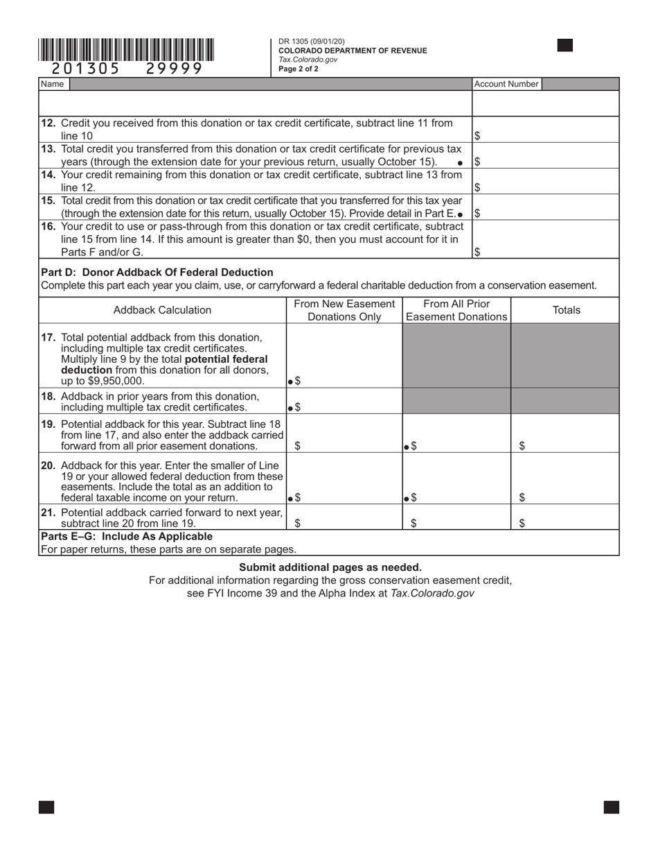 Form DR1305 Gross Conservation Easement Donor Schedule - Colorado, Page 2