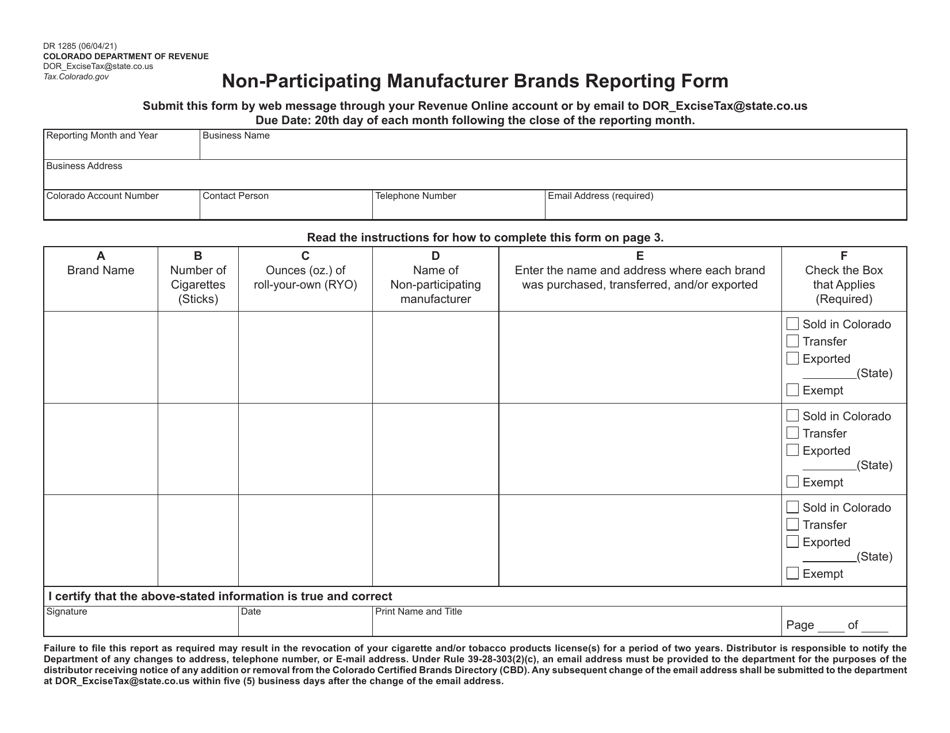 Form DR1285 Non-participating Manufacturer Brands Reporting Form - Colorado, Page 1