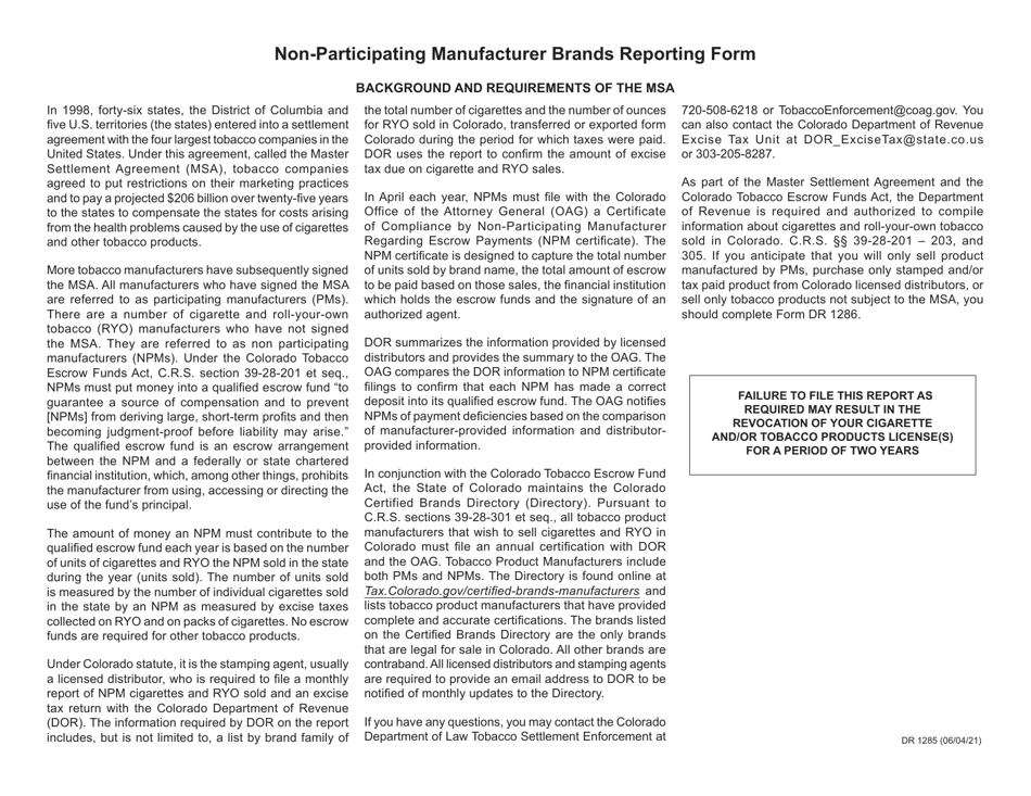 Form DR1285 Non-participating Manufacturer Brands Reporting Form - Colorado, Page 2