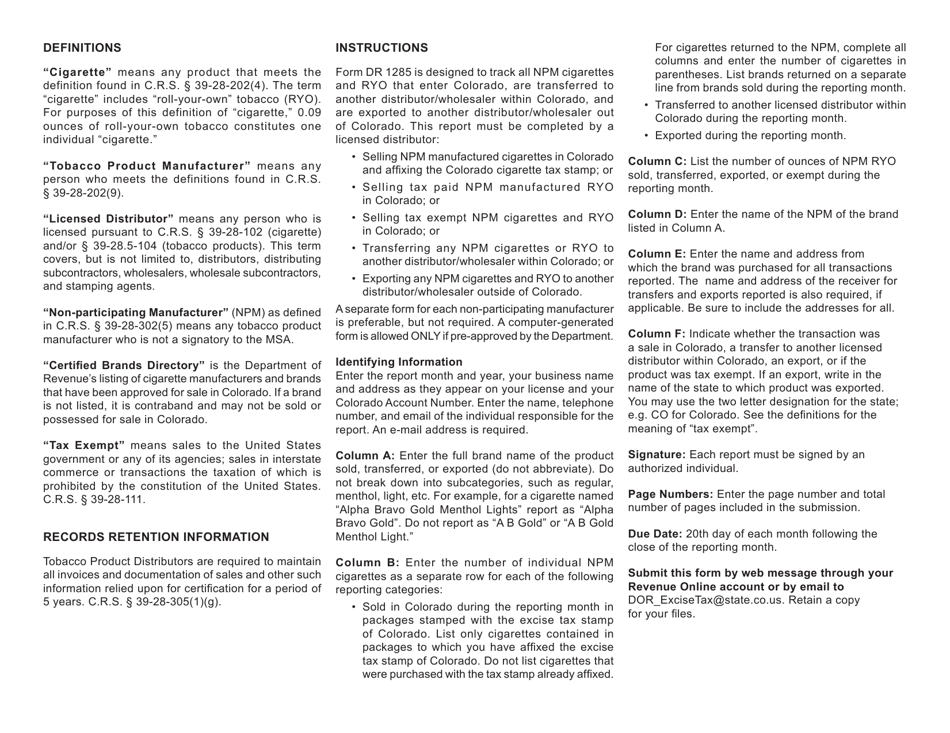 Form DR1285 Non-participating Manufacturer Brands Reporting Form - Colorado, Page 3