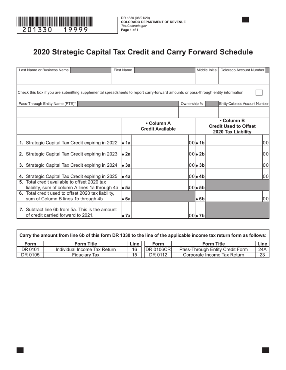 Form DR1330 Strategic Capital Tax Credit and Carry Forward Schedule - Colorado, Page 1