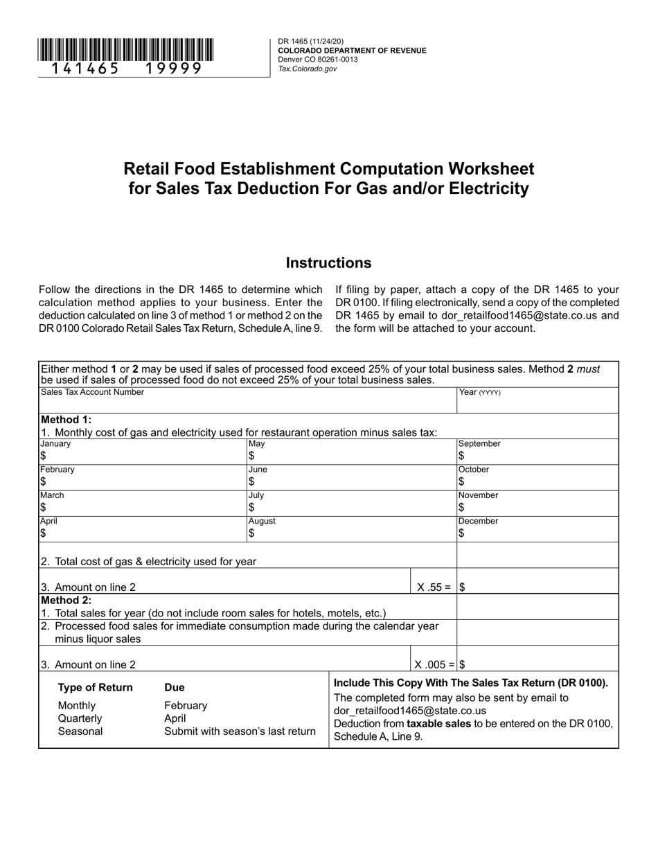 Form DR1465 Retail Food Establishment Computation Worksheet for Sales Tax Deduction for Gas and / or Electricity - Colorado, Page 1