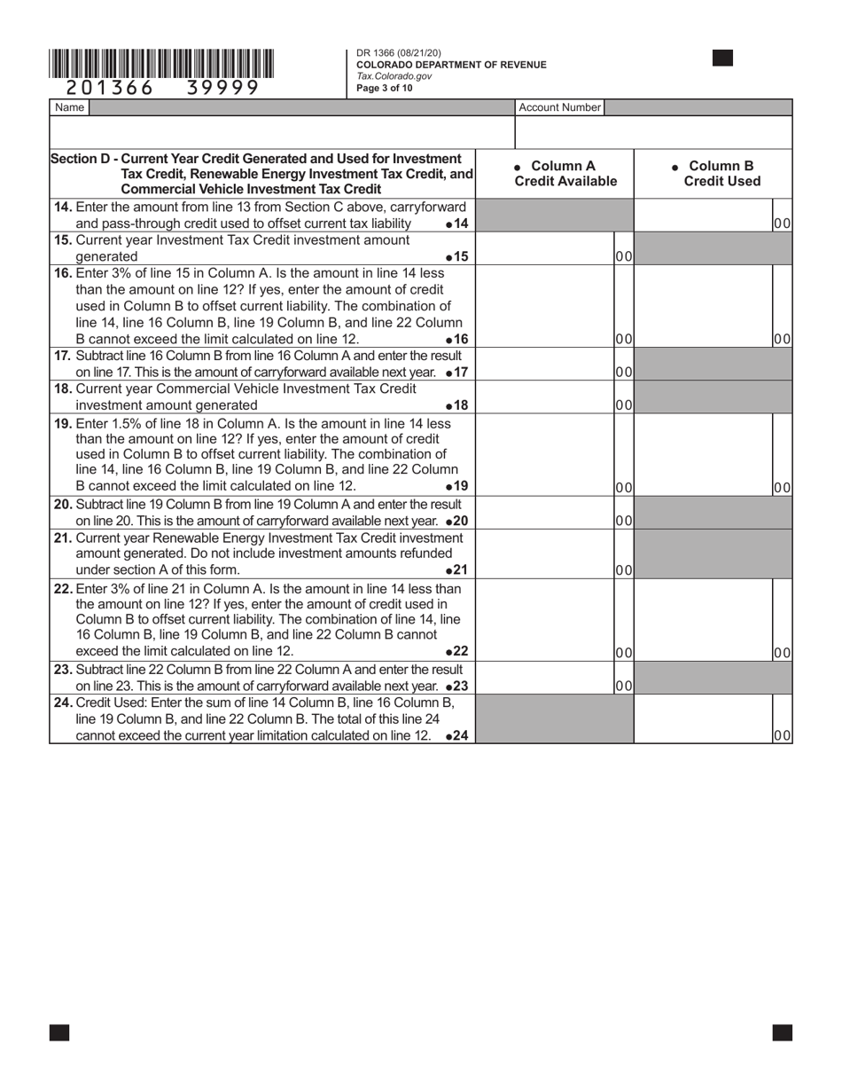 Form DR1366 Enterprise Zone Credit and Carryforward Schedule - Colorado, Page 4
