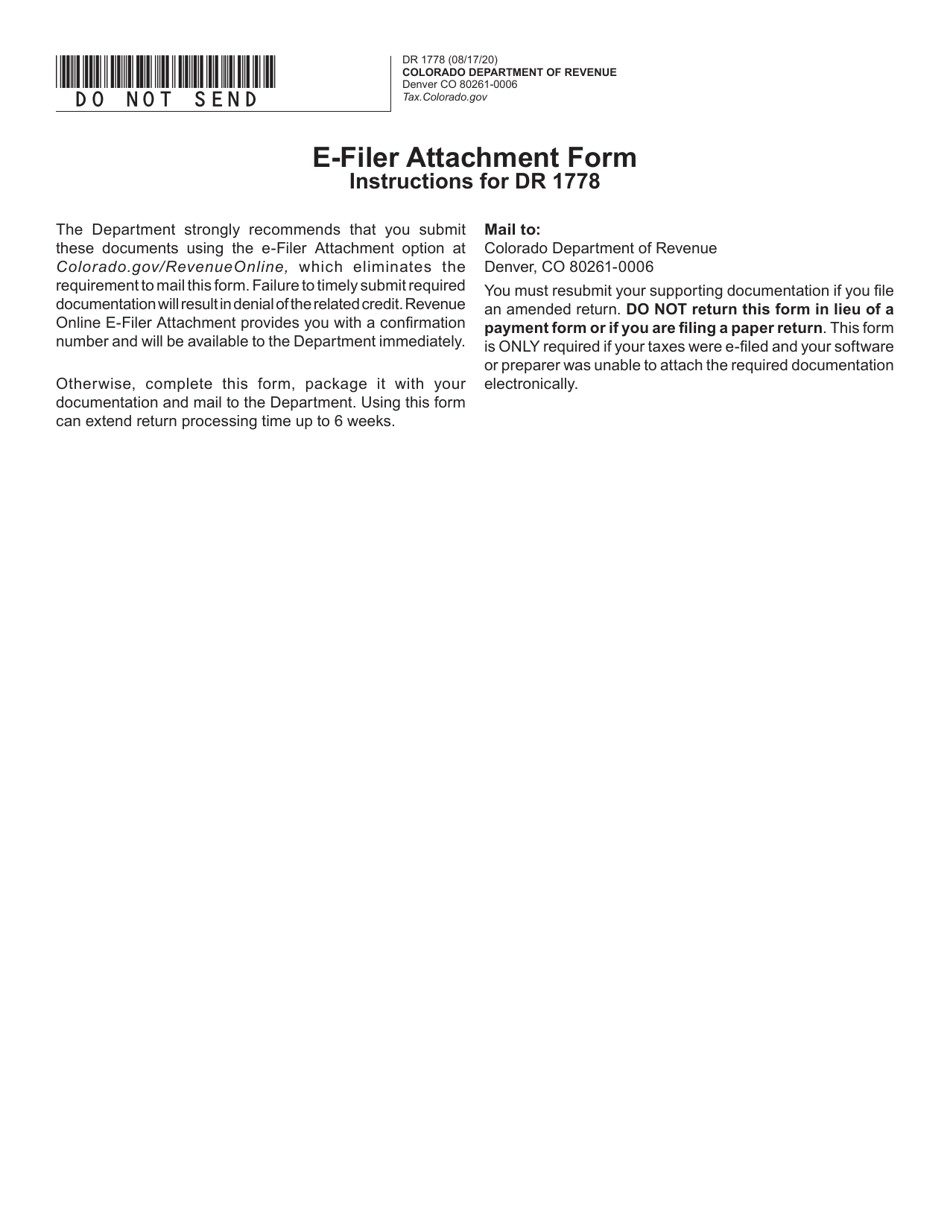 Form DR1778 E-Filer Attachment Form - Colorado, Page 1