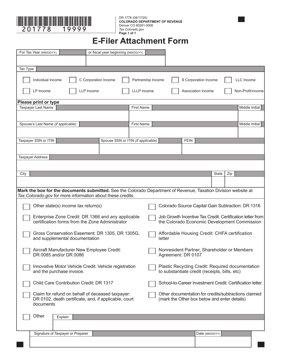 Form DR1778 E-Filer Attachment Form - Colorado, Page 2