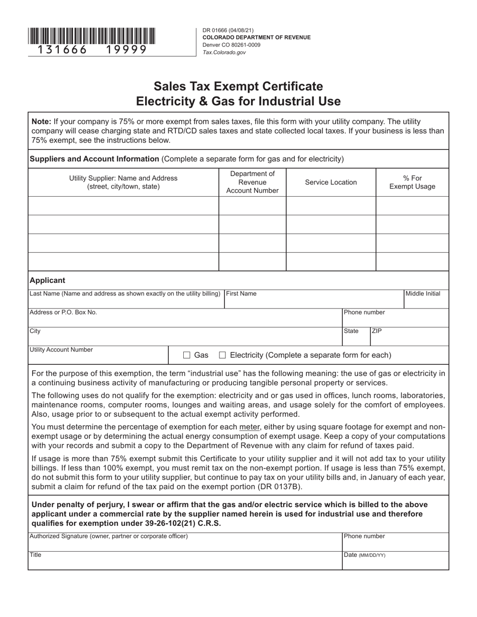 Form DR1666 Sales Tax Exempt Certificate Electricity  Gas for Industrial Use - Colorado, Page 1