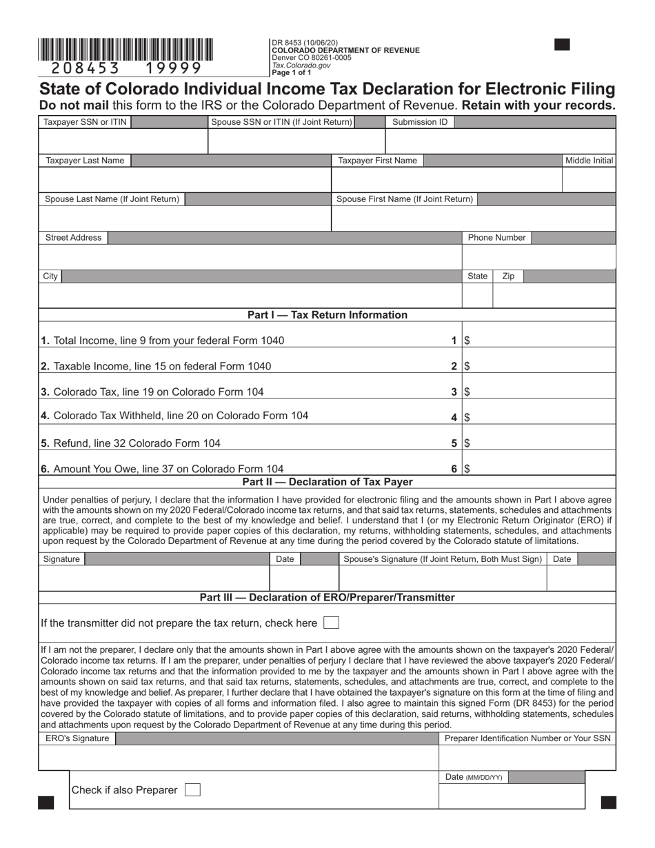 Form DR8453 State of Colorado Individual Income Tax Declaration for Electronic Filing - Colorado, Page 2
