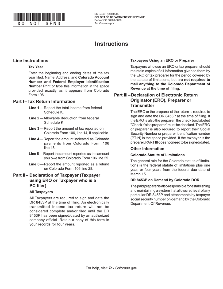 Form DR8453P State of Colorado Partnership / S-Corp Income Tax Declaration for Electronic Filing - Colorado, Page 1