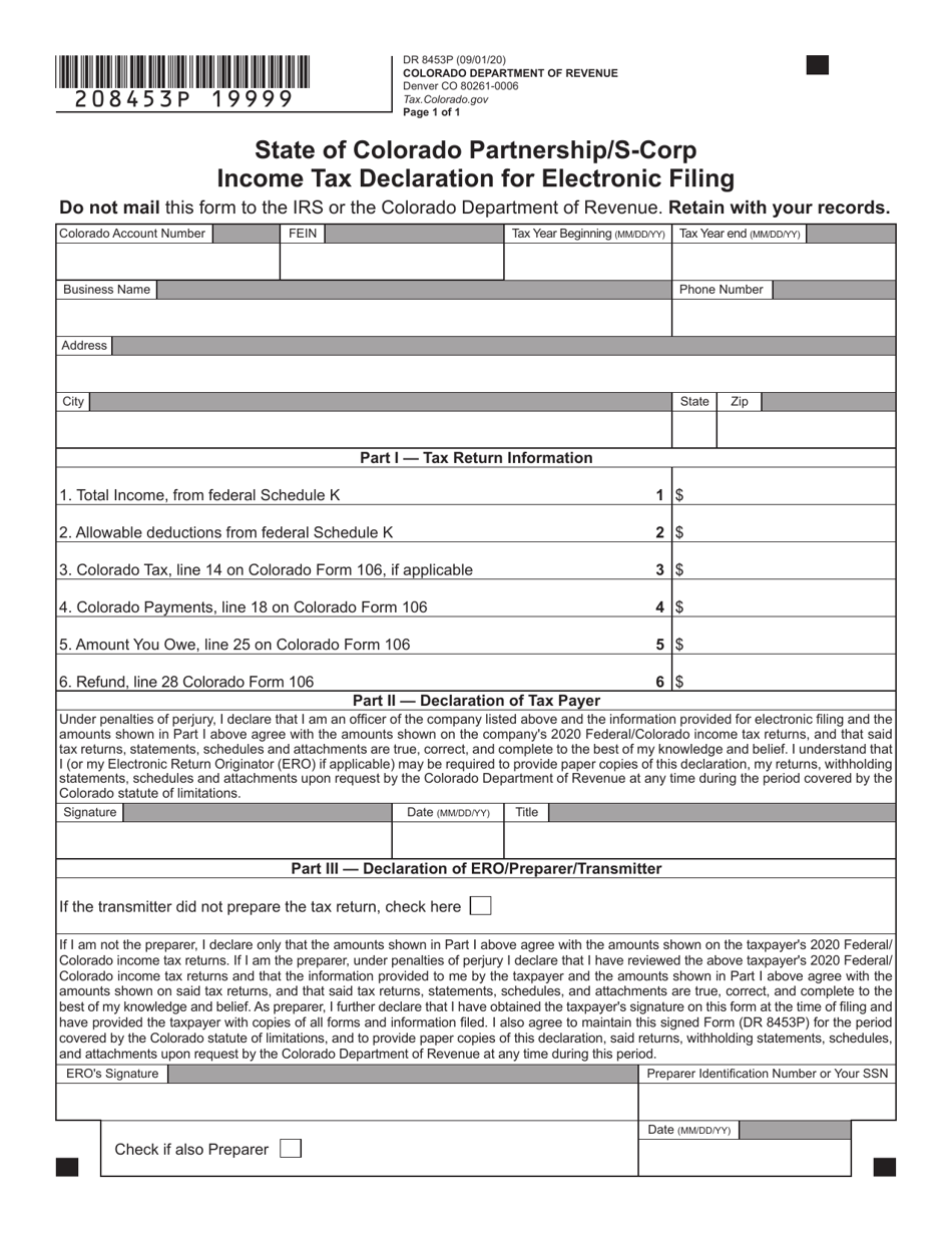 Form DR8453P State of Colorado Partnership / S-Corp Income Tax Declaration for Electronic Filing - Colorado, Page 2