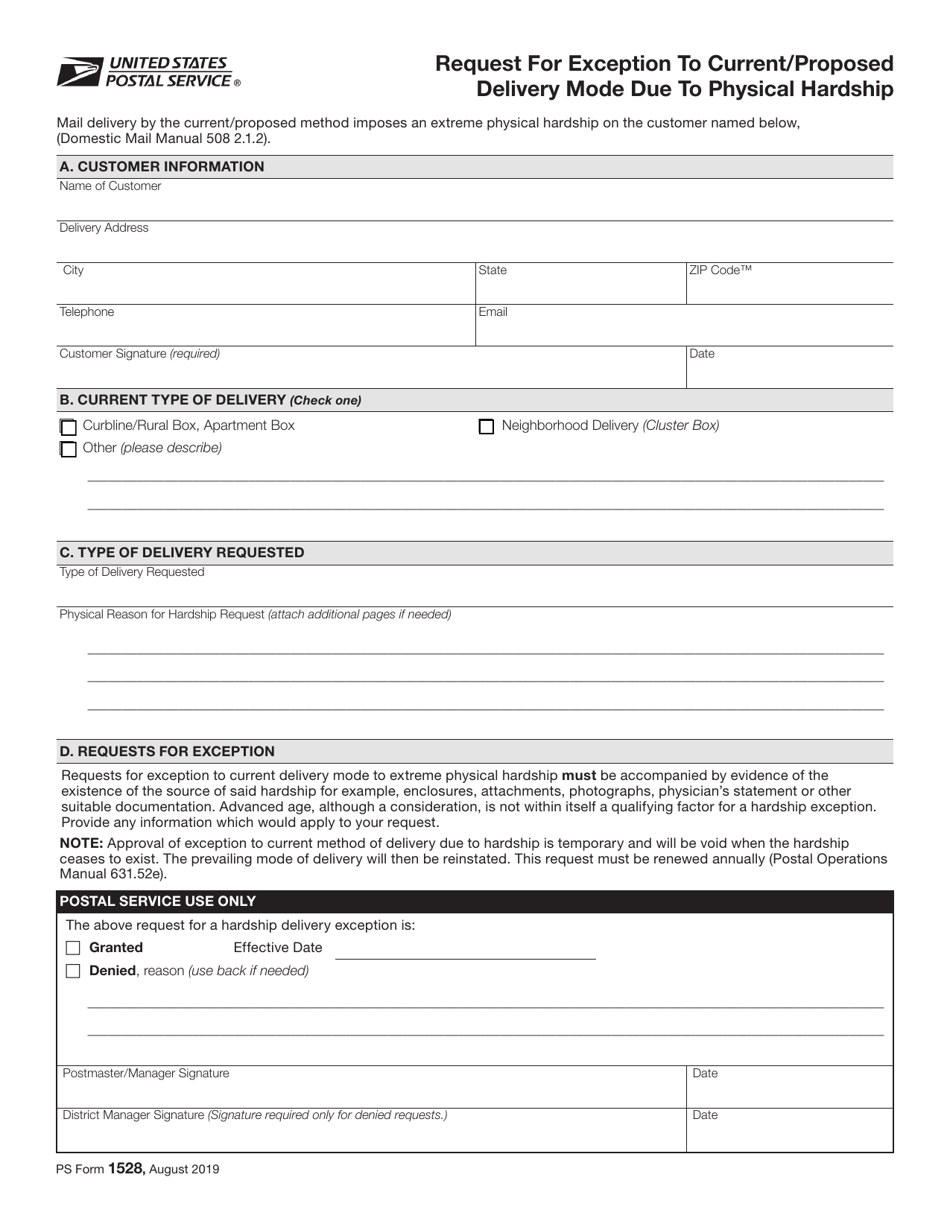 PS Form 1528 Request for Exception to Current / Proposed Delivery Mode Due to Physical Hardship, Page 1