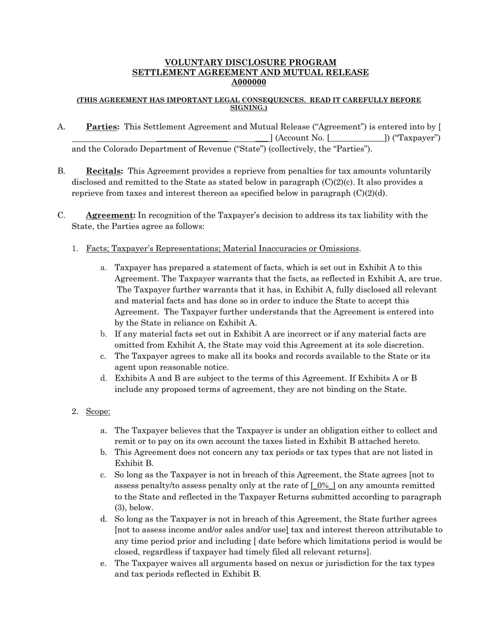Settlement Agreement and Mutual Release - Voluntary Disclosure Program - Colorado, Page 1