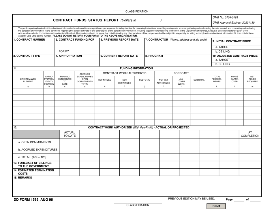 DD Form 1586 Contract Funds Status Report, Page 1