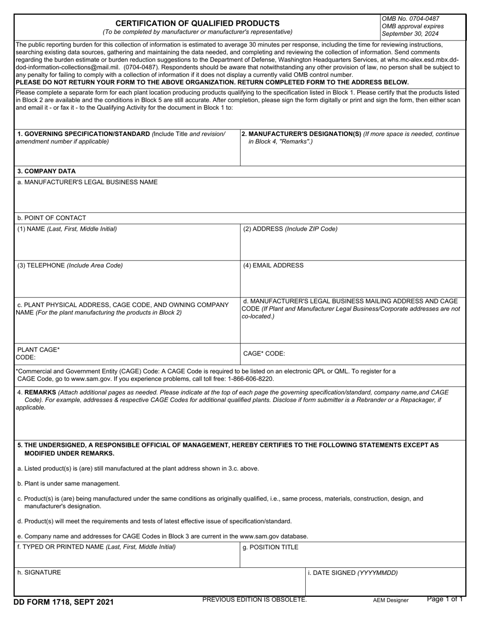 DD Form 1718 Certification of Qualified Products, Page 1
