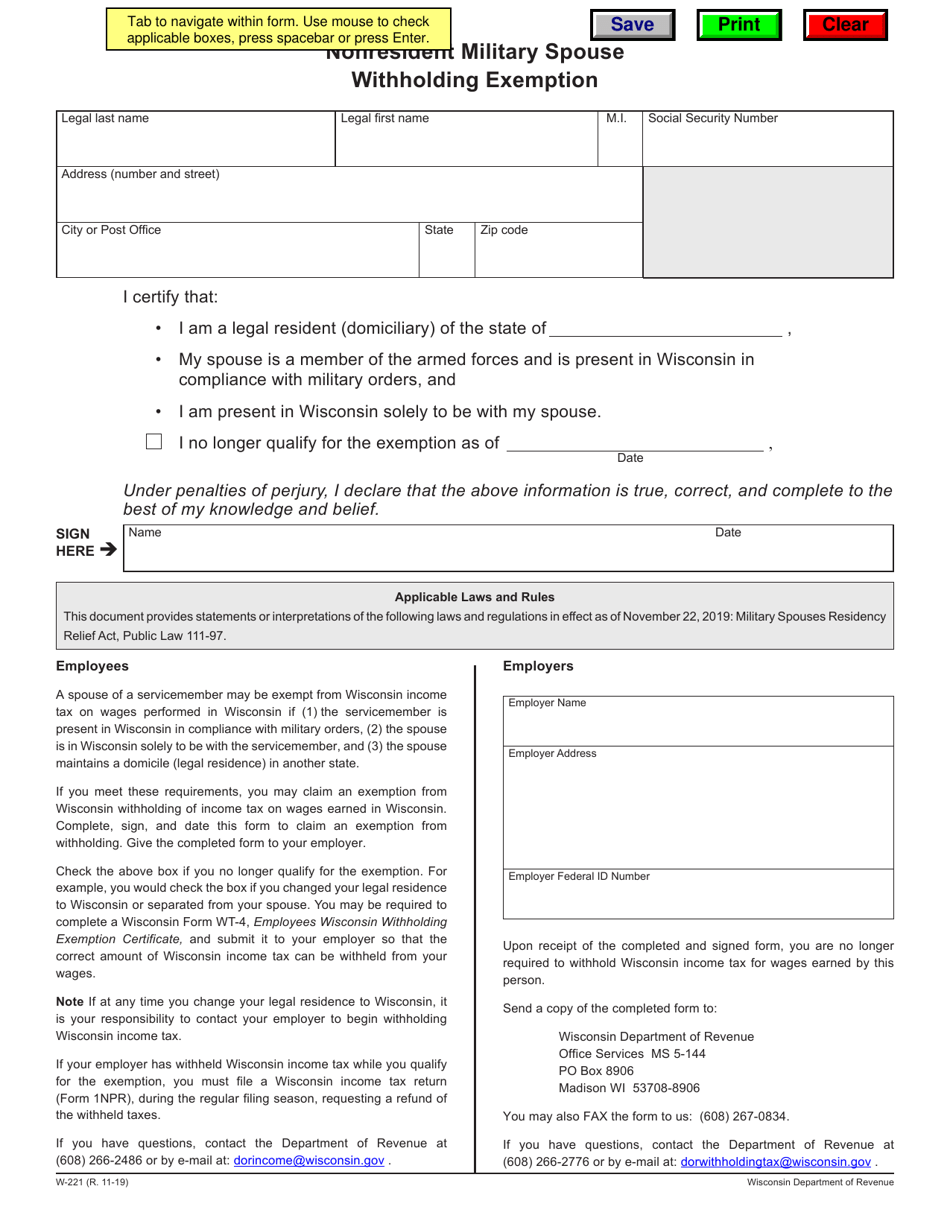 Form W-221 Nonresident Military Spouse Withholding Exemption - Wisconsin, Page 1