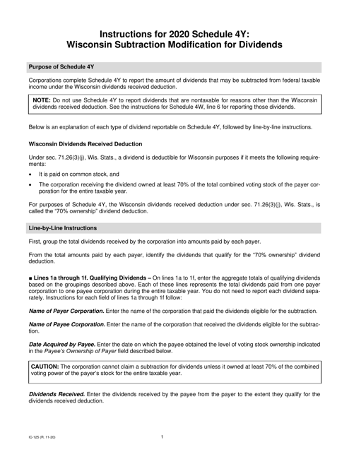 Instructions for Schedule 4Y Wisconsin Subtraction Modification for Dividends - Wisconsin, 2020