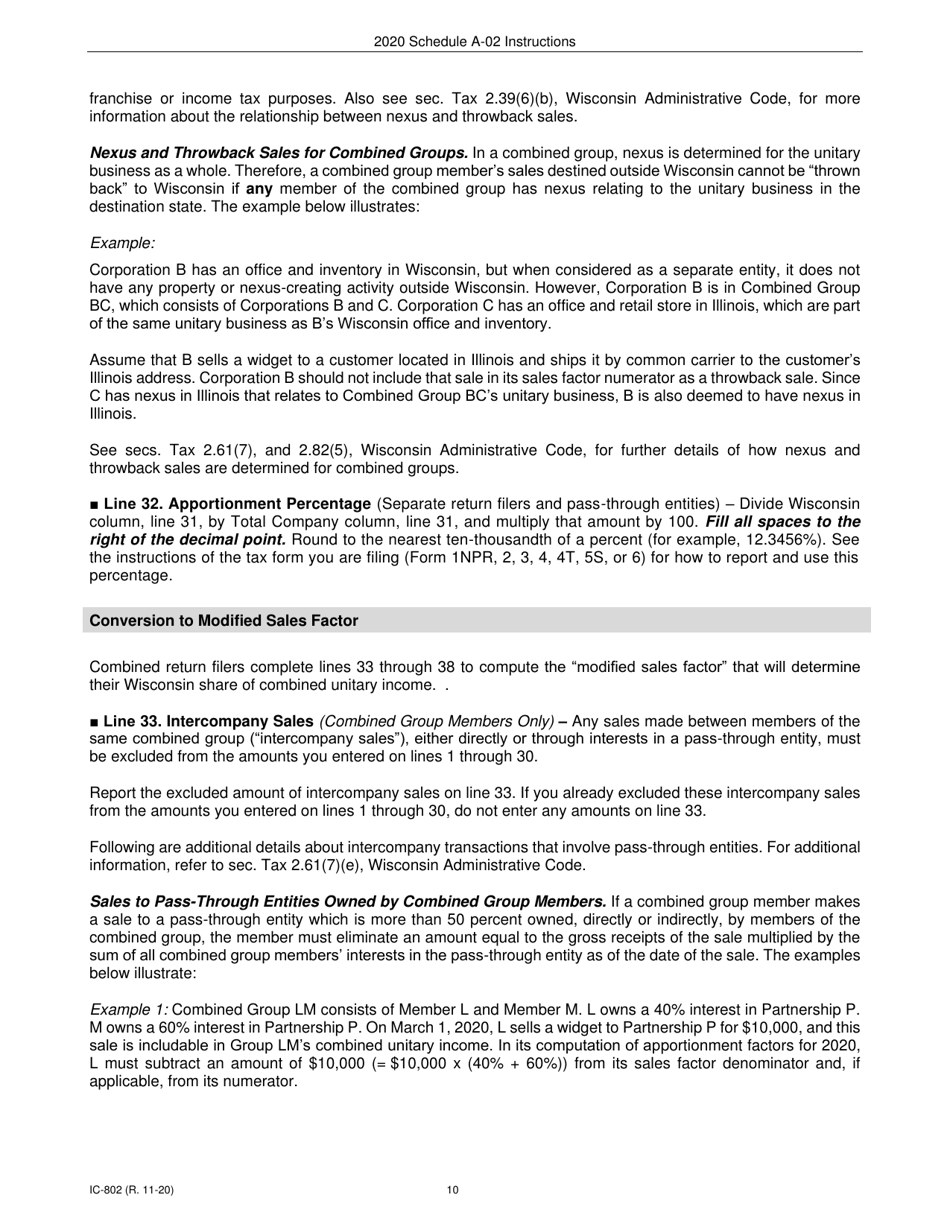 Instructions for Form IC-300 Schedule A-02 Wisconsin Apportionment Percentage for Interstate Financial Institutions - Wisconsin, Page 10