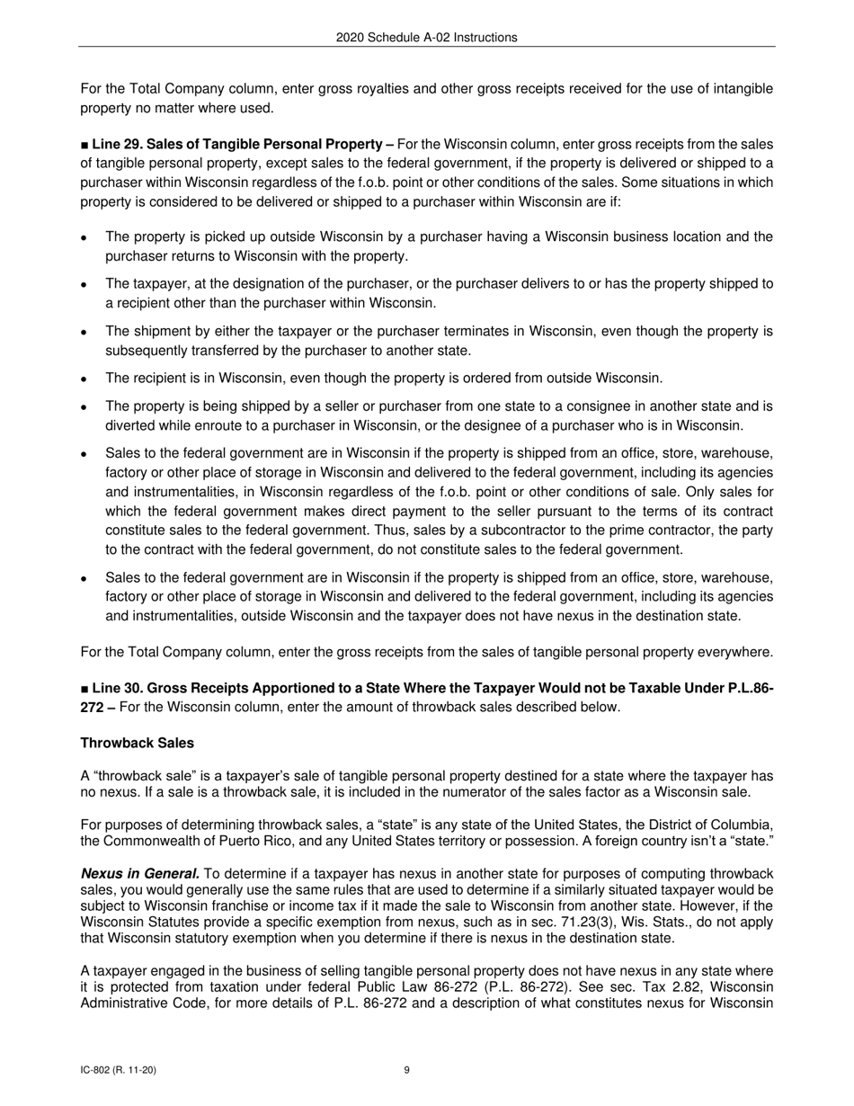 Instructions for Form IC-300 Schedule A-02 Wisconsin Apportionment Percentage for Interstate Financial Institutions - Wisconsin, Page 9