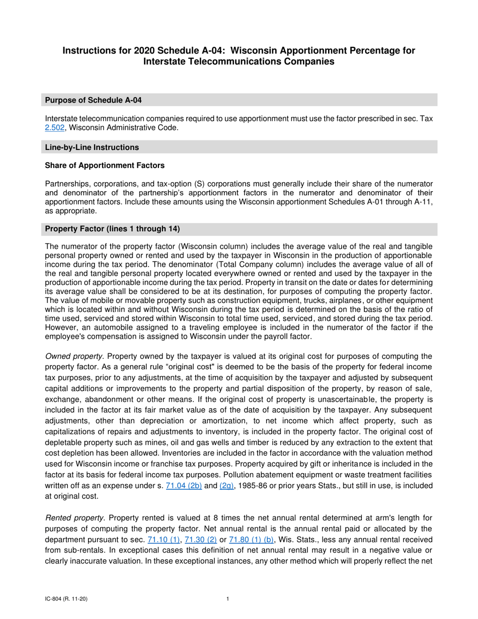 Instructions for Form IC-302 Schedule A-04 Wisconsin Apportionment Percentage for Interstate Telecommunications Companies - Wisconsin, Page 1