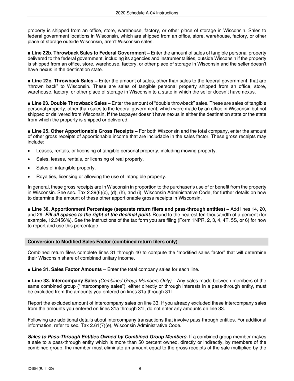 Instructions for Form IC-302 Schedule A-04 Wisconsin Apportionment Percentage for Interstate Telecommunications Companies - Wisconsin, Page 6