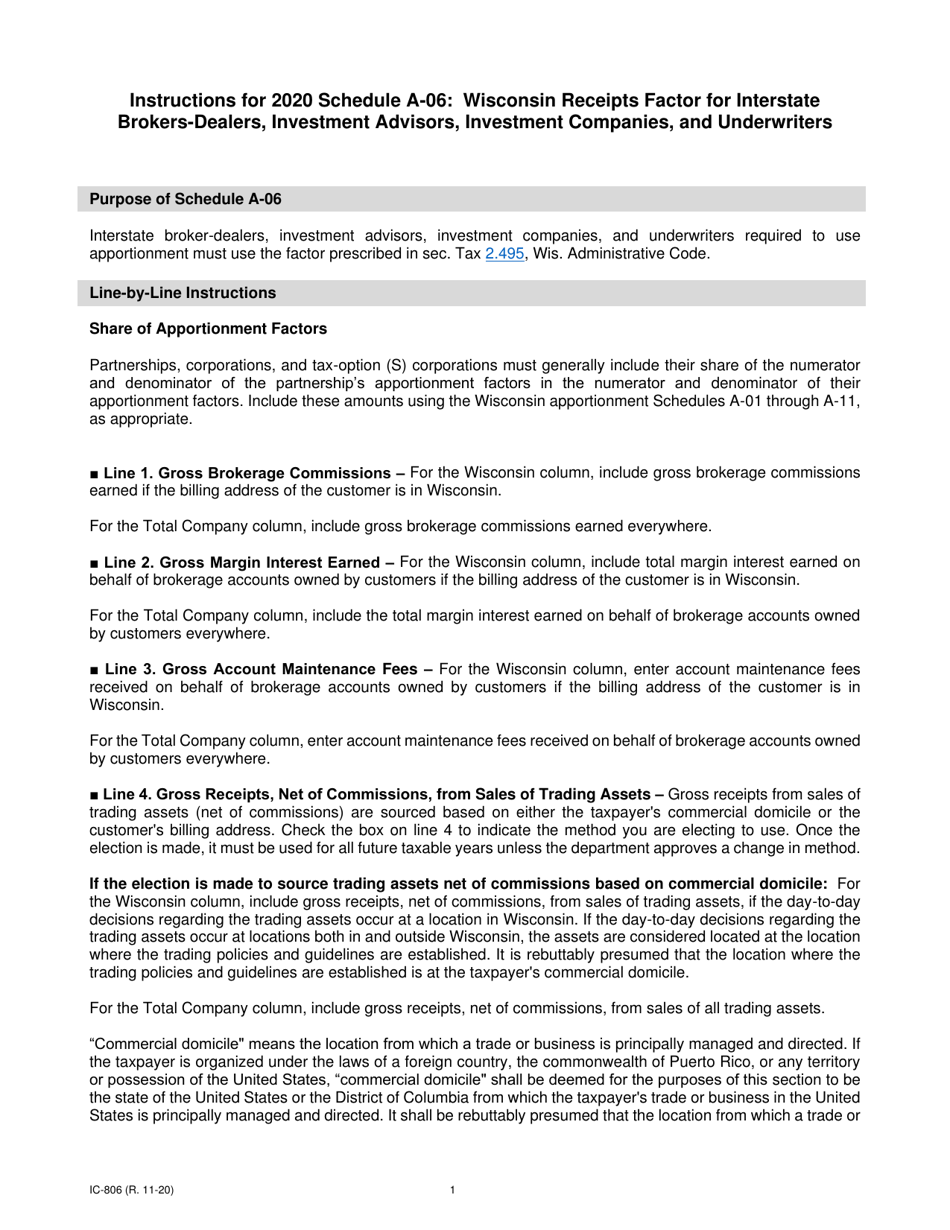 Instructions for Form IC-304 Schedule A-06 Wisconsin Receipts Factor for Interstate Brokers-Dealers, Investment Advisors, Investment Companies, and Underwriters - Wisconsin, Page 1