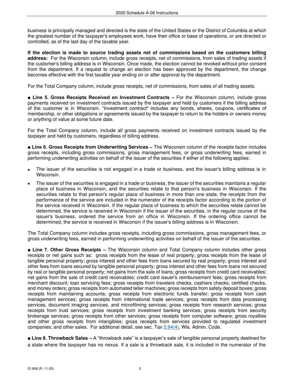 Instructions for Form IC-304 Schedule A-06 Wisconsin Receipts Factor for Interstate Brokers-Dealers, Investment Advisors, Investment Companies, and Underwriters - Wisconsin, Page 2
