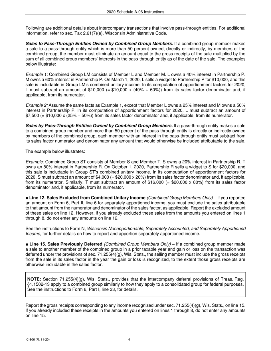 Instructions for Form IC-304 Schedule A-06 Wisconsin Receipts Factor for Interstate Brokers-Dealers, Investment Advisors, Investment Companies, and Underwriters - Wisconsin, Page 4