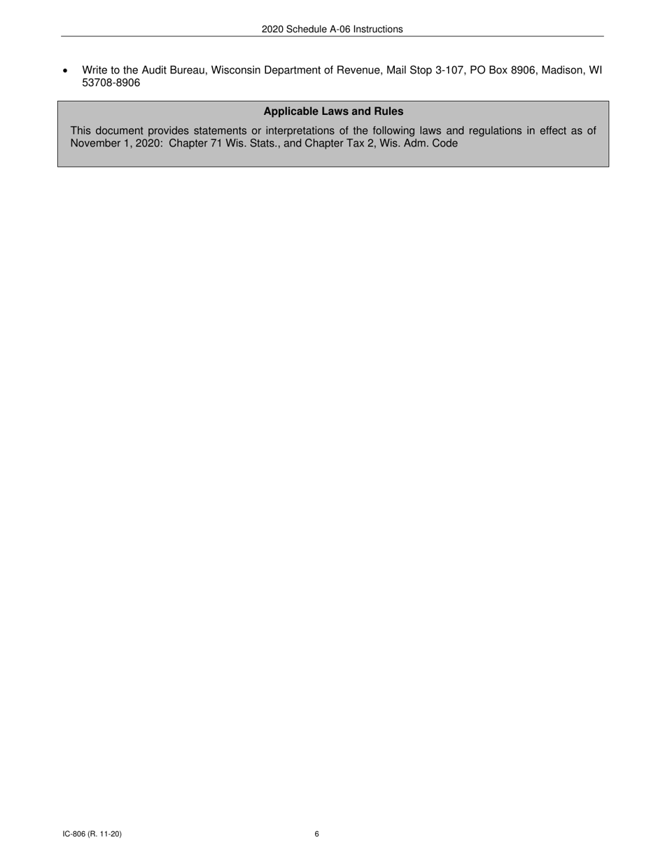Instructions for Form IC-304 Schedule A-06 Wisconsin Receipts Factor for Interstate Brokers-Dealers, Investment Advisors, Investment Companies, and Underwriters - Wisconsin, Page 6
