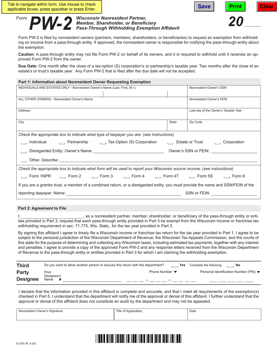 Form PW-2 (IC-005) Wisconsin Nonresident Partner, Member, Shareholder, or Beneficiary Pass-Through Withholding Exemption Affidavit - Wisconsin, Page 1