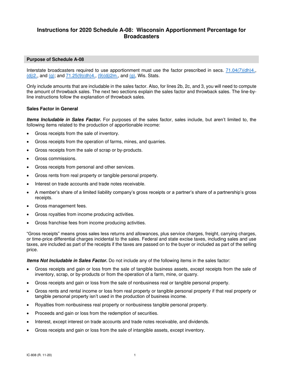 Instructions for Form IC-306 Schedule A-08 Wisconsin Apportionment Percentage for Broadcasters - Wisconsin, Page 1