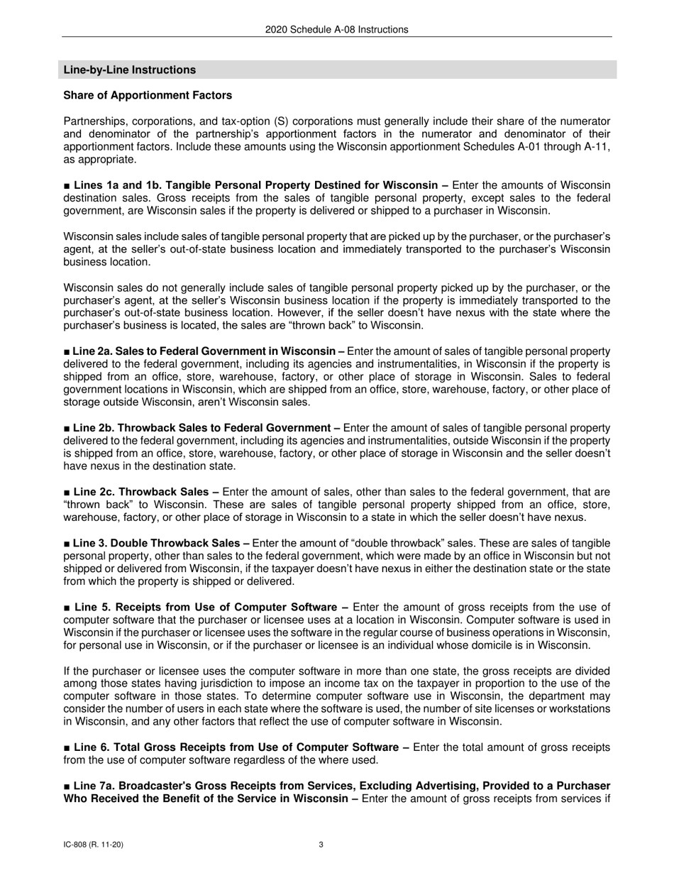 Instructions for Form IC-306 Schedule A-08 Wisconsin Apportionment Percentage for Broadcasters - Wisconsin, Page 3