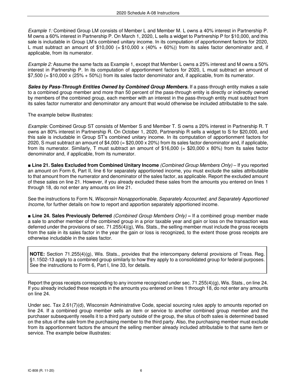 Instructions for Form IC-306 Schedule A-08 Wisconsin Apportionment Percentage for Broadcasters - Wisconsin, Page 6