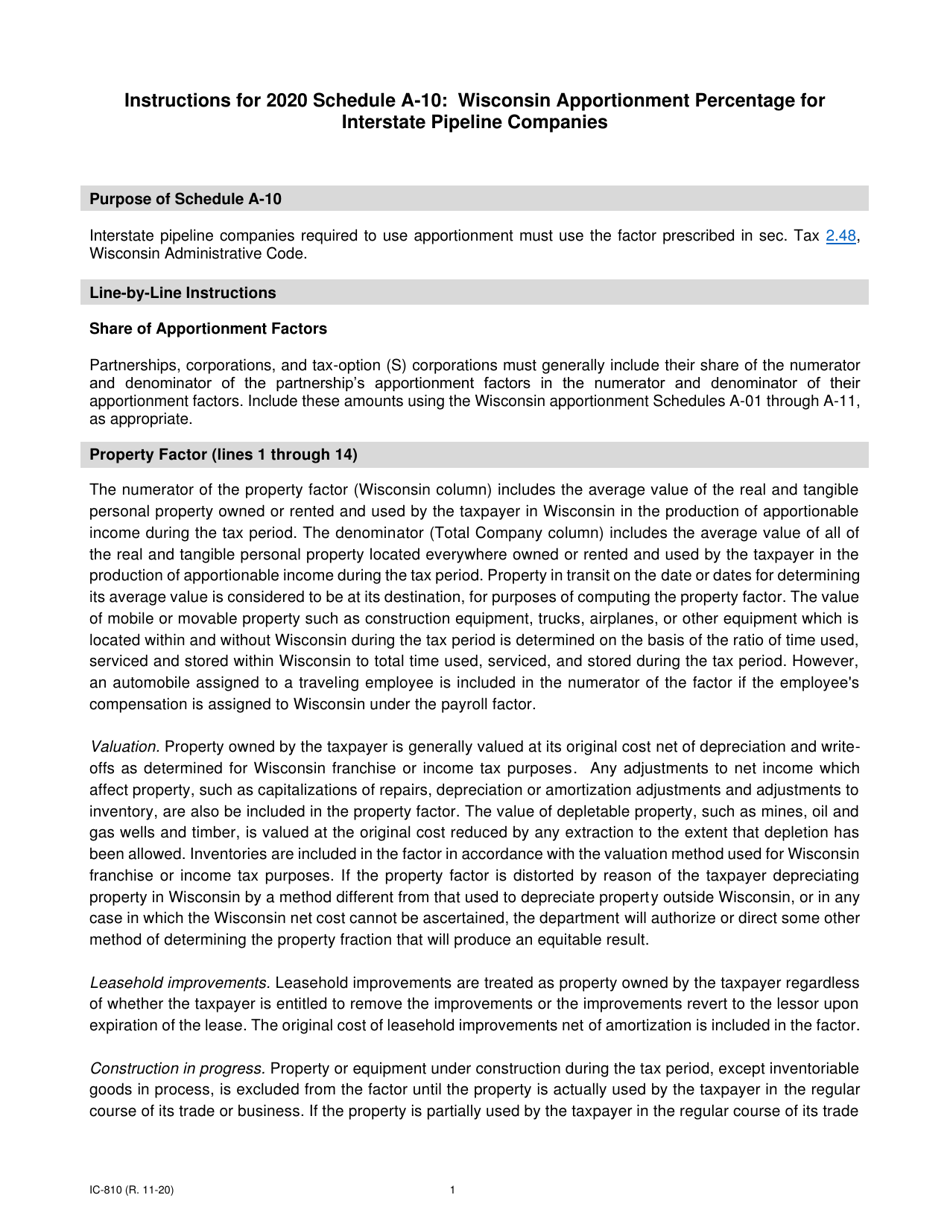 Instructions for Form IC-308 Schedule A-10 Wisconsin Apportionment Percentage for Interstate Pipeline Companies - Wisconsin, Page 1