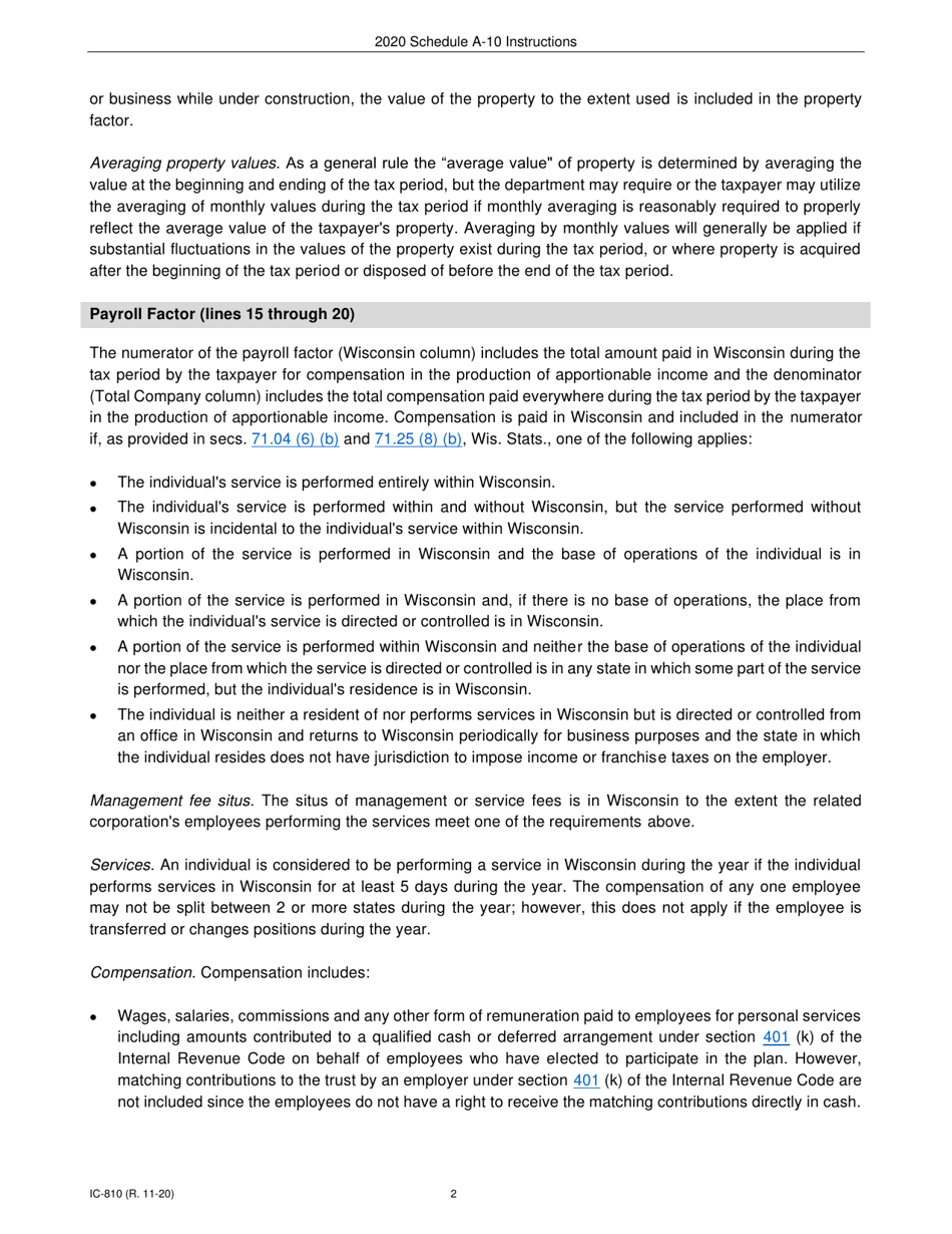 Instructions for Form IC-308 Schedule A-10 Wisconsin Apportionment Percentage for Interstate Pipeline Companies - Wisconsin, Page 2