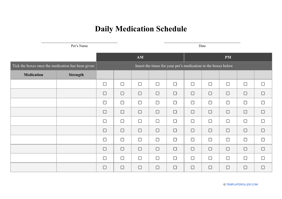 Daily Medication Schedule Template for Pets Download Fillable PDF
