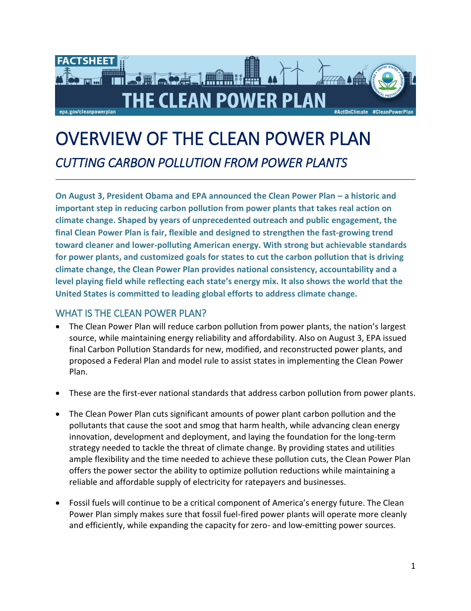 Overview of the Clean Power Plan: Cutting Carbon Pollution From Power Plants, Page 1